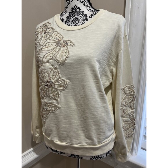 Anthropologie Floral Embroidery/Beaded Sweatshirt Womens S Beige Shimmer Holiday - Picture 5 of 14